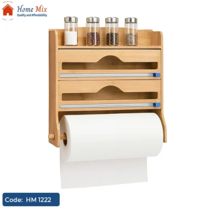 حامل فويل خشب بامبو 4 في 1 – منظم مطبخ عملي مع مقطع فويل