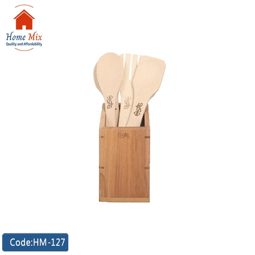 HM-127 حامل ملاعق خشبي مع طقم أدوات طهي – 4 قطع - الصورة 1