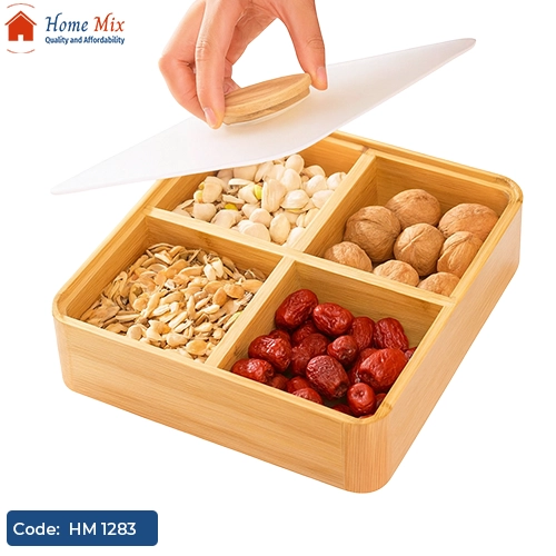HM 1283 صينية تقديم مُقسمة خشب بامبو بغطاء أكريلك شفاف – 4 خانات عملية وأنيقة - الصورة 1