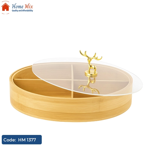 HM 1377 طبق تسالي خشب بامبو بغطاء أكريليك – مزود بمقبض غزالة جولد - الصورة 1
