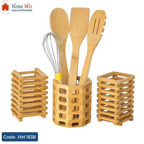 HM 1638 صفاية معالق خشب بامبو – منظم متعدد الاستخدامات للمطبخ والسفرة - الصورة 1