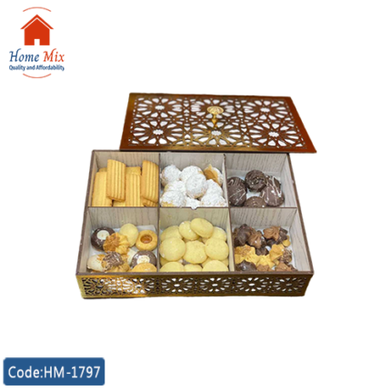 بوكس تقديم خشب – صندوق فاخر للتسالي والحلويات مزود بمقبض جولد أنيق