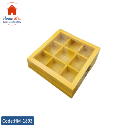 علبة شاي خشب بغطاء زجاج – 9 خانات منظمة