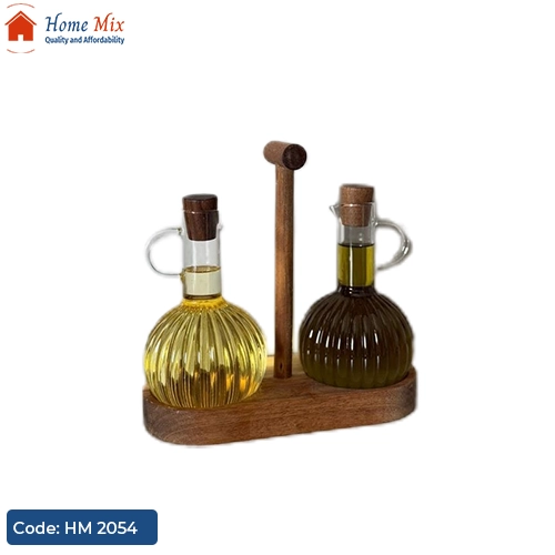 HM 2054 طقم زياتة زجاج بايركس 2 قطعة مع حامل خشب بامبو - الصورة 1