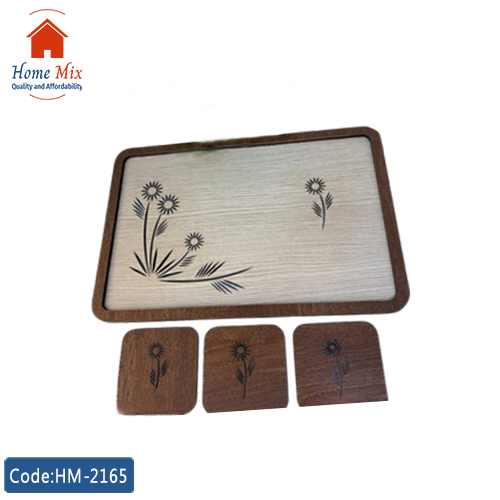 HM-2165 صينية خشب محفور + 3 كوستر خشب – تصميم ليزر أنيق - الصورة 1