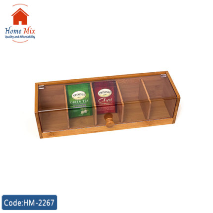 بوكس منظم شاي وأعشاب خشب بامبو – 5 خانات بغطاء أكريليك