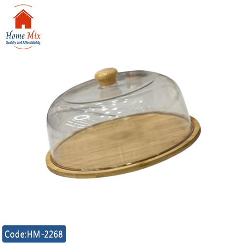 HM-2268 حافظة كيك خشب بامبو بغطاء أكريليك – قاعدة دوارة - الصورة 1