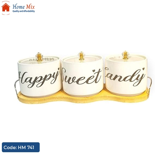 HM 741 طقم تسالي وكاندي بورسلين – 3 قطع بغطاء بايركس ومقبض كريستال جولد (سعة 400 مل) - الصورة 1