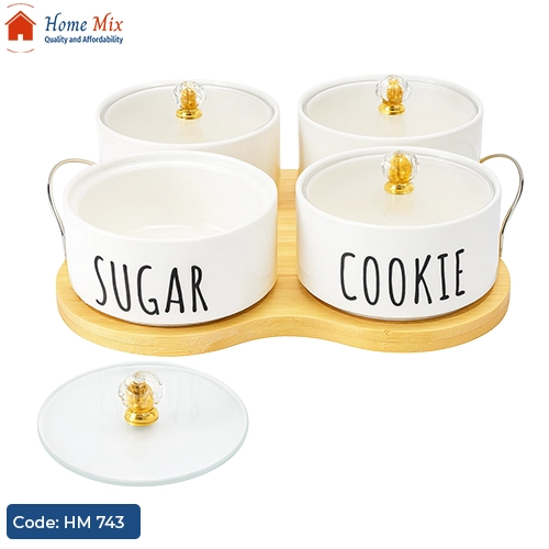 HM 743 طقم تسالي وكاندي بورسلين – 4 قطع مع غطاء بايركس + تراي خشب - الصورة 1