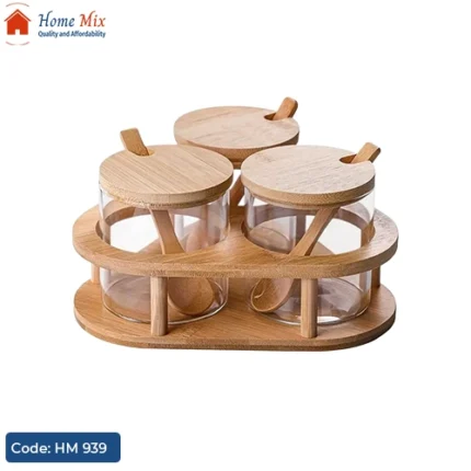 طقم توابل زجاج مع قاعدة خشب بامبو – 3 قطع