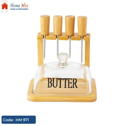 طقم زبدة خشب زان بغطاء زجاج وسكاكين