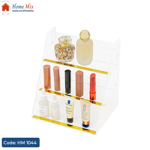 HM 1044 استاند ومنظم ميك أب أكريليك 3 دور – تصميم جولد بلمسة فرزاتشي (30×25 سم) - الصورة 1