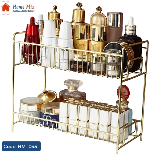 HM 1045 استاند ميك أب جولد معدني 2 دور – لتنظيم أدوات التجميل والإكسسوارات - الصورة 1