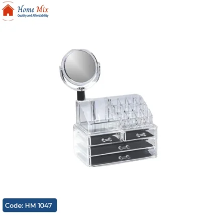 منظم ميك أب أكريليك 4 درج مزود بمرايا – تصميم عملي وأنيق (24×14×40 سم)