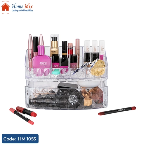 HM 1055 منظم ميك أب أكريليك بعلبة مناديل – متعدد الاستخدامات للإكسسوارات والريموت والموبايل (24×22×14 سم) - الصورة 1