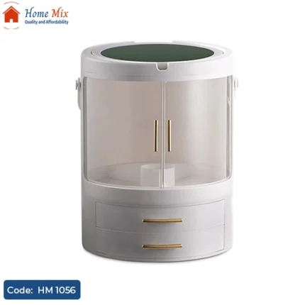 منظم ميك أب بمرايا ليد 360° وحامل ودرجين – تصميم فاخر (36×27 سم)