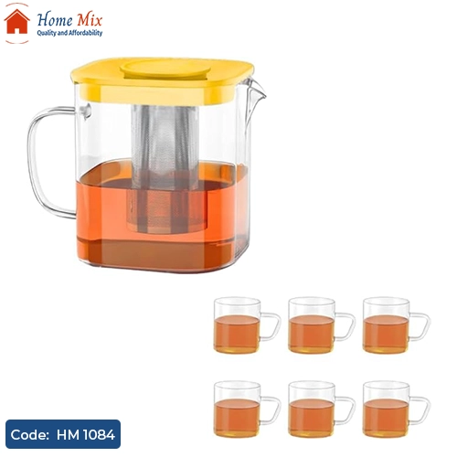 HM 1084 طقم براد بايركس حراري بغطاء بلاستيك مُحكم + 6 فناجين بايركس قهوة – سعة 1 لتر - الصورة 1