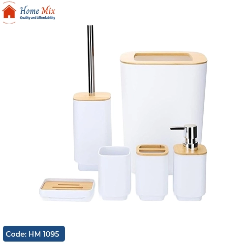 HM 1095 طقم حمام تركي مربع 5 قطع – بلاستيك مستورد بغطاء خشبي أنيق - الصورة 1