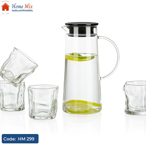 HM 299 طقم دورق وأكواب بايركس مقاوم للحرارة بغطاء محكم – 7 قطع - الصورة 1