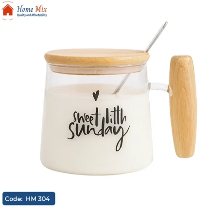 كوب بايركس مقاوم للحرارة بغطاء ويد خشب بامبو مع معلقة استانلس