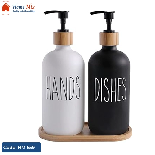 HM 559 طقم ديسبنسر زجاج مع حامل خشب أنيق لتوزيع الصابون والمنظفات - الصورة 1