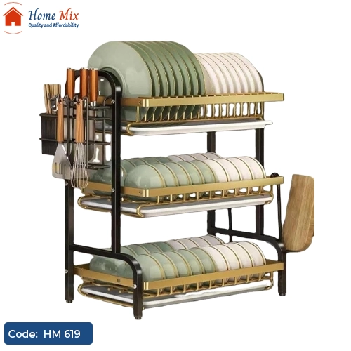 HM 619 مطبقية أورجانيزر 3 دور بصفاية ومعالق – تصميم معدني فاخر لتجفيف الأطباق والأكواب - الصورة 1