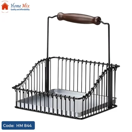 حامل صوصات وبرطمانات معدن أسود بيد خشب أنيقة – مقاس 22×21 سم