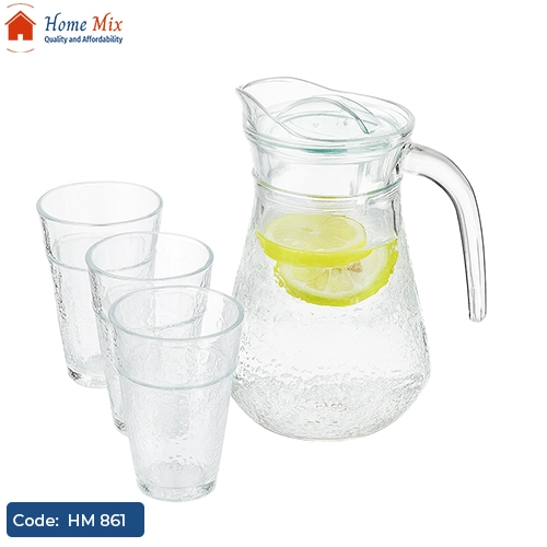 HM 861 طقم شربات زجاج – دورق + 4 أكواب شفافة أنيقة - الصورة 1