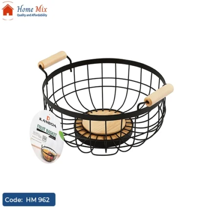 طبق فاكهة معدن × خشب بمقبض – تصميم أنيق وعصري