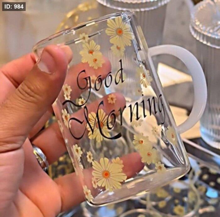 ⁦كوب زجاج Good Morning 550 مل – تصميم زهور أنيق وسعة كبيرة لبدء يومك بحيوية⁩ - الصورة ⁦2⁩