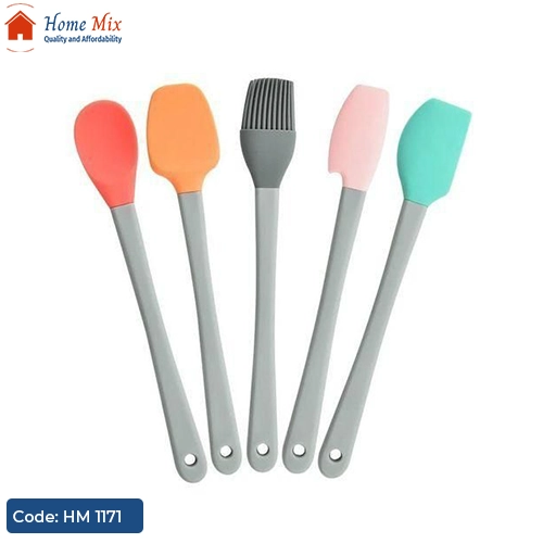 HM 1171 طقم توزيع ميني سيليكون 5 قطع بألوان متنوعة – فرشة، معلقة، شيالة، و2 سباتيولا - الصورة 1