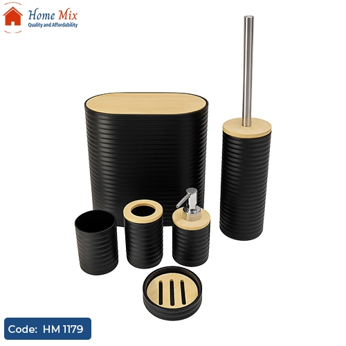 HM 1179 طقم حمام بلاستيك مقوّى بلمسة خشب – 6 قطع أنيقة - الصورة 1