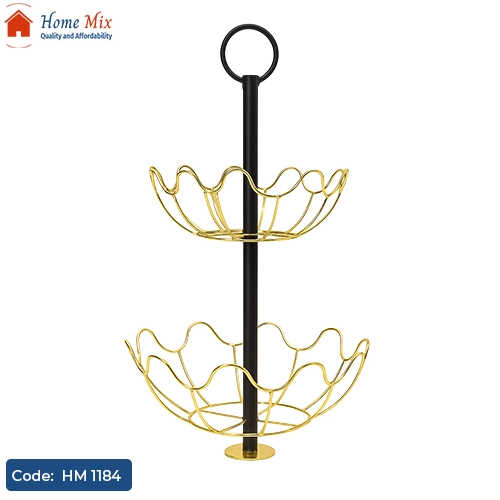 HM 1184 طبق فاكهة معدن جولد 2 دور – قطعة ديكور أنيقة للمطبخ أو السفرة - الصورة 1