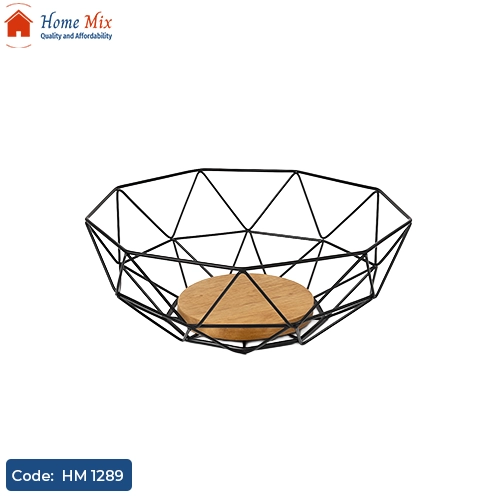 HM 1289 طبق فاكهة معدن وخشب زان – تصميم عصري أنيق ضد الصدأ - الصورة 1