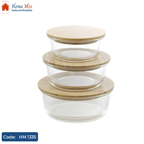 HM 1335 طقم علب ثلاجة زجاج بايركس بغطاء خشب بامبو مانع للتسرب – 3 قطع - الصورة 1